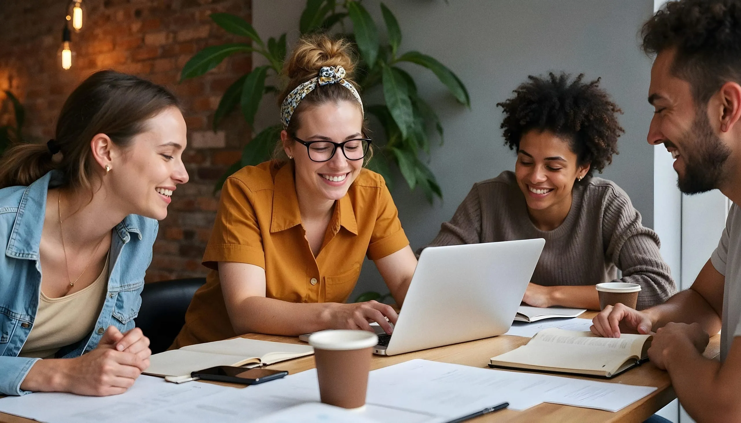 Quatre jeunes adultes échangeant autour d'un ordinateur portable et de documents lors d'un travail en groupe.