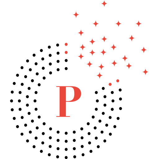 Cette image représente le logo de l'entreprise Paedagogia. Un P rouge entouré de points noir avec des étoiles rouge sur le haut et côté droit du logo